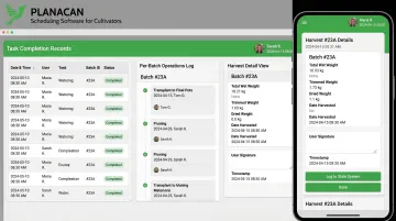 PlanaCan cultivation management platform showing task logs batch records and harvest documentation