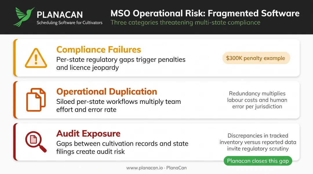 Three operational risks of fragmented cannabis MSO software systems infographic