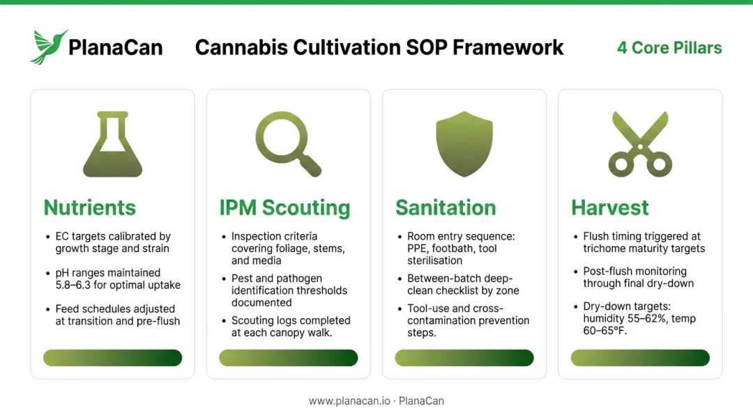 Cannabis cultivation SOP framework four key protocol areas with execution requirements infographic