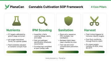 Cannabis cultivation SOP framework four key protocol areas with execution requirements infographic