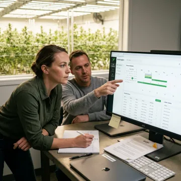 Cultivation manager reviewing cannabis KPI dashboard