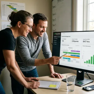 Consultant reviewing cultivation analytics process