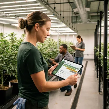 Cannabis cultivation manager reviewing employee schedules