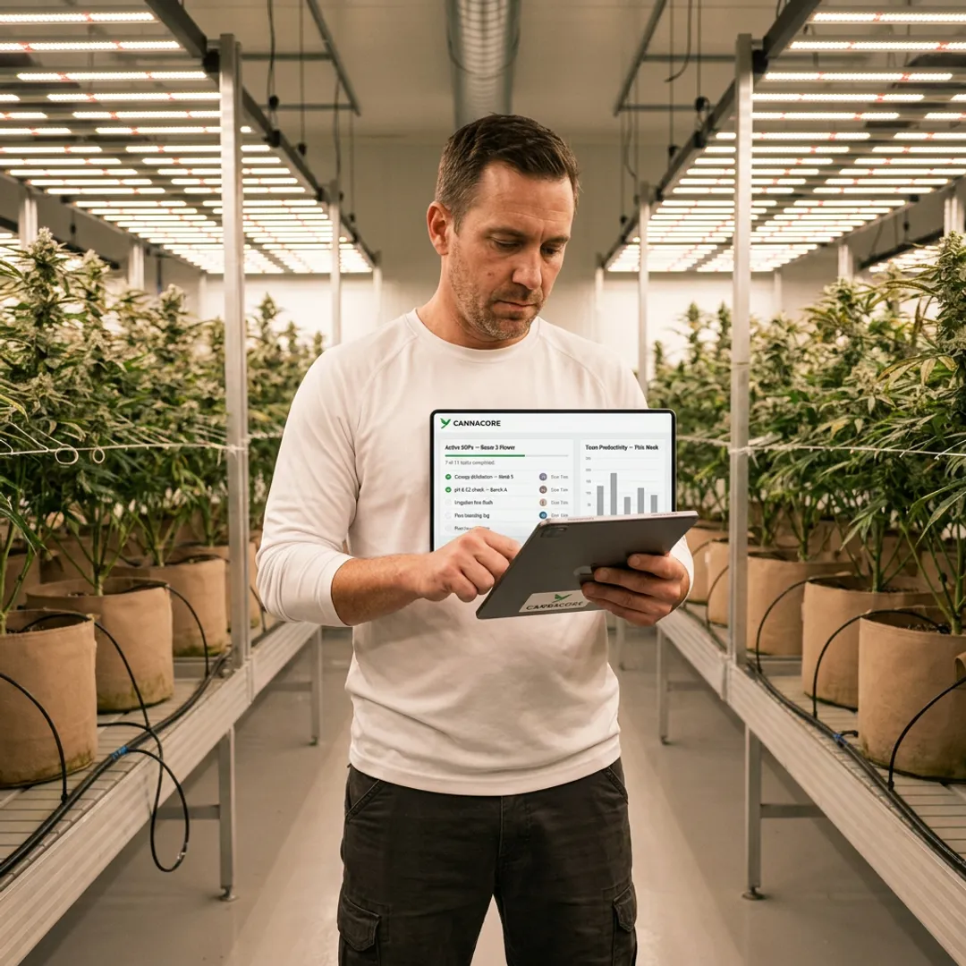 Cannabis cultivation manager reviewing SOP dashboard in a grow facility