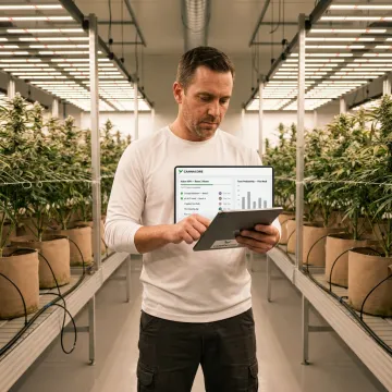 Cannabis cultivation manager reviewing SOP dashboard in a grow facility