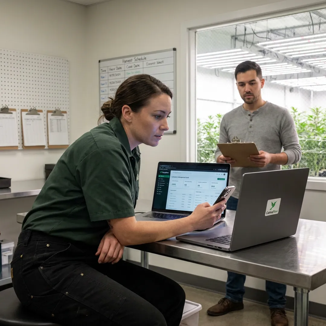 Cultivation manager reviewing grow schedules on software dashboard