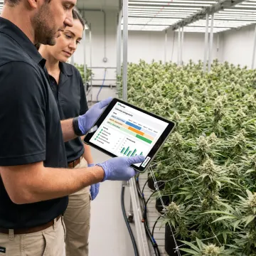 Cannabis cultivation team using production management software