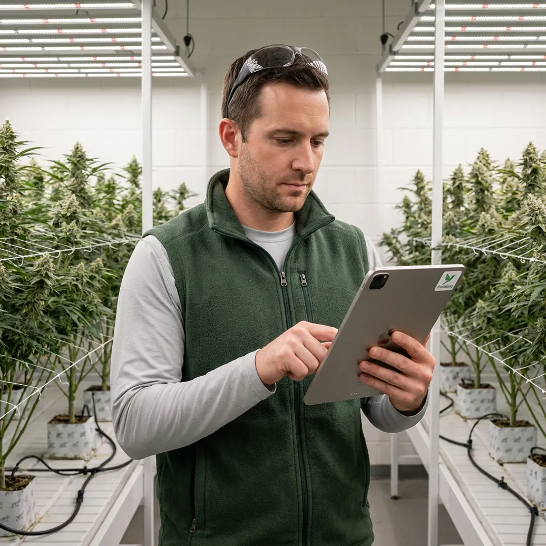 Cannabis cultivation team using software in a grow room
