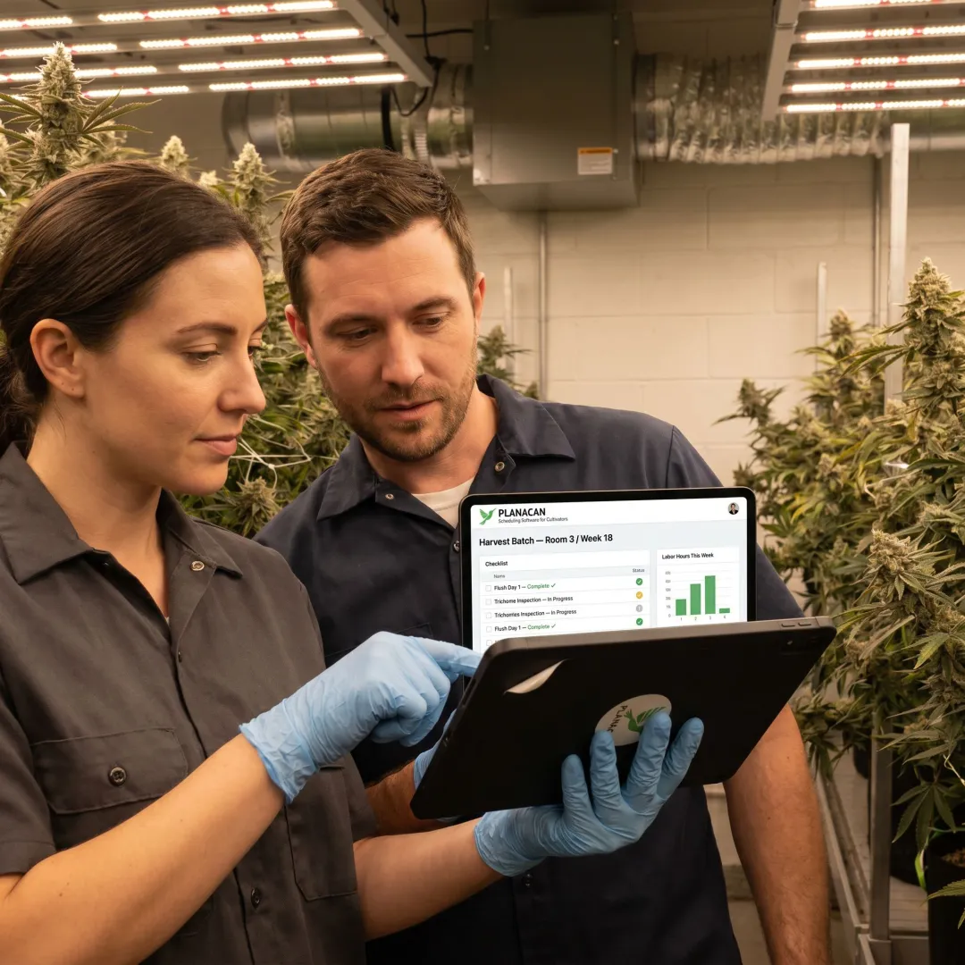 Cultivation team reviewing compliance task records