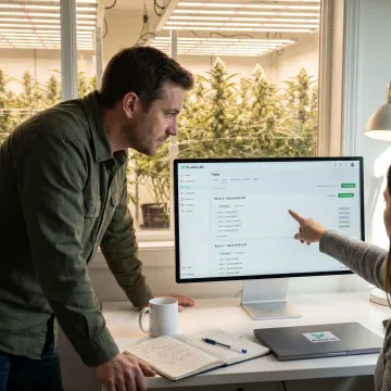 Cannabis cultivation manager reviewing workforce dashboard