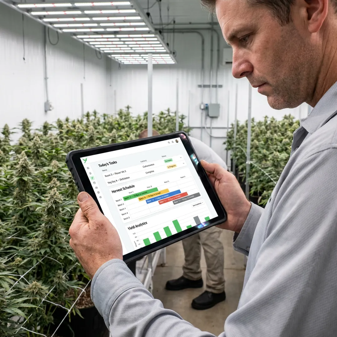 Grower using farm management software in a cultivation facility