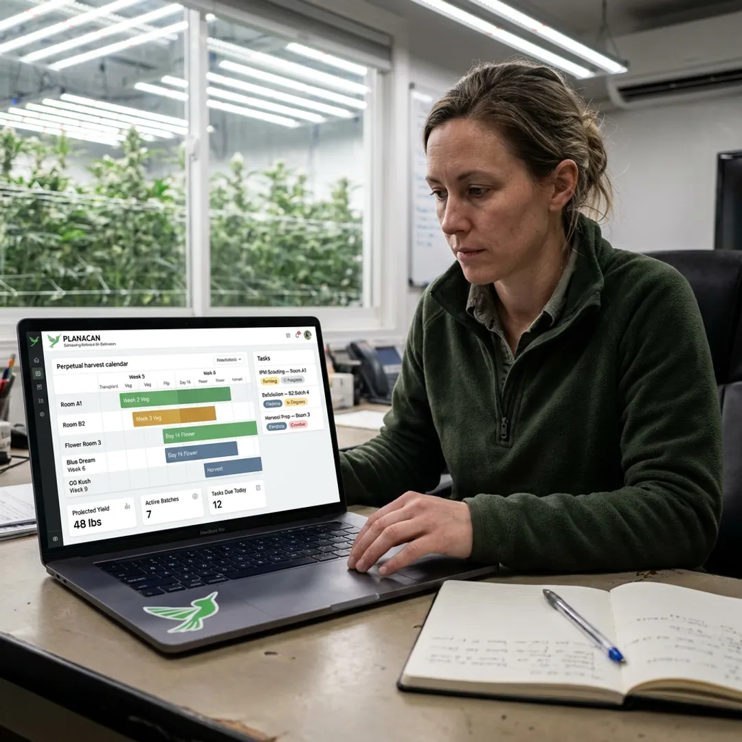 Cultivation manager reviewing grow schedule on software dashboard