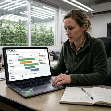 Cultivation manager reviewing grow schedule on software dashboard