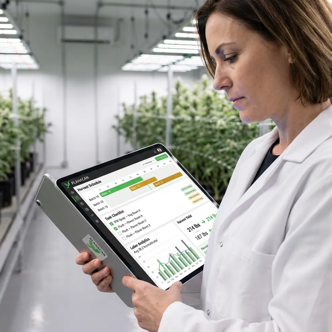 Cannabis operations manager reviewing cultivation software