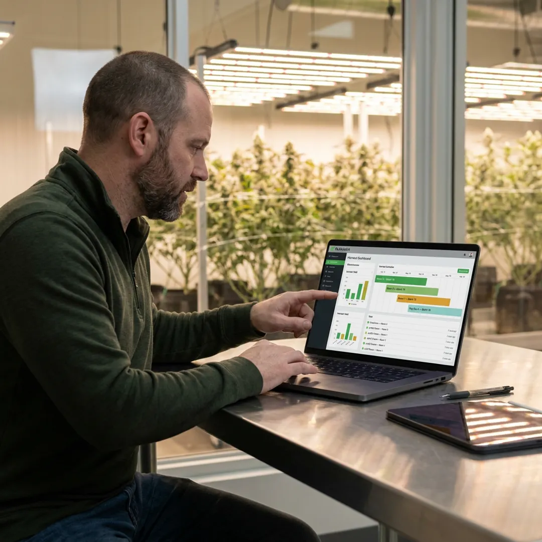Cultivation manager reviewing grow schedules on software