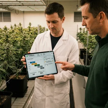 Cannabis grow team reviewing cultivation management dashboard