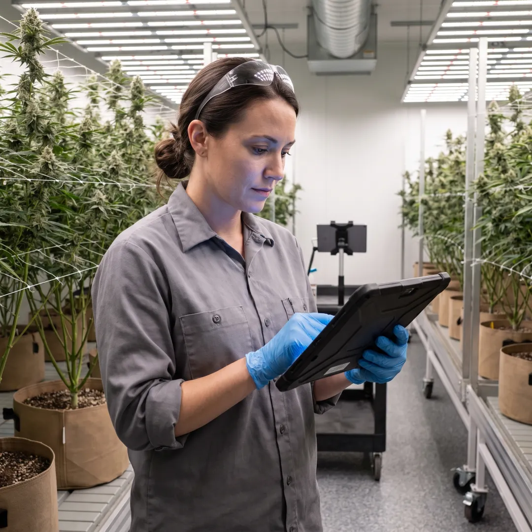 Cultivator reviewing compliance tasks on a tablet