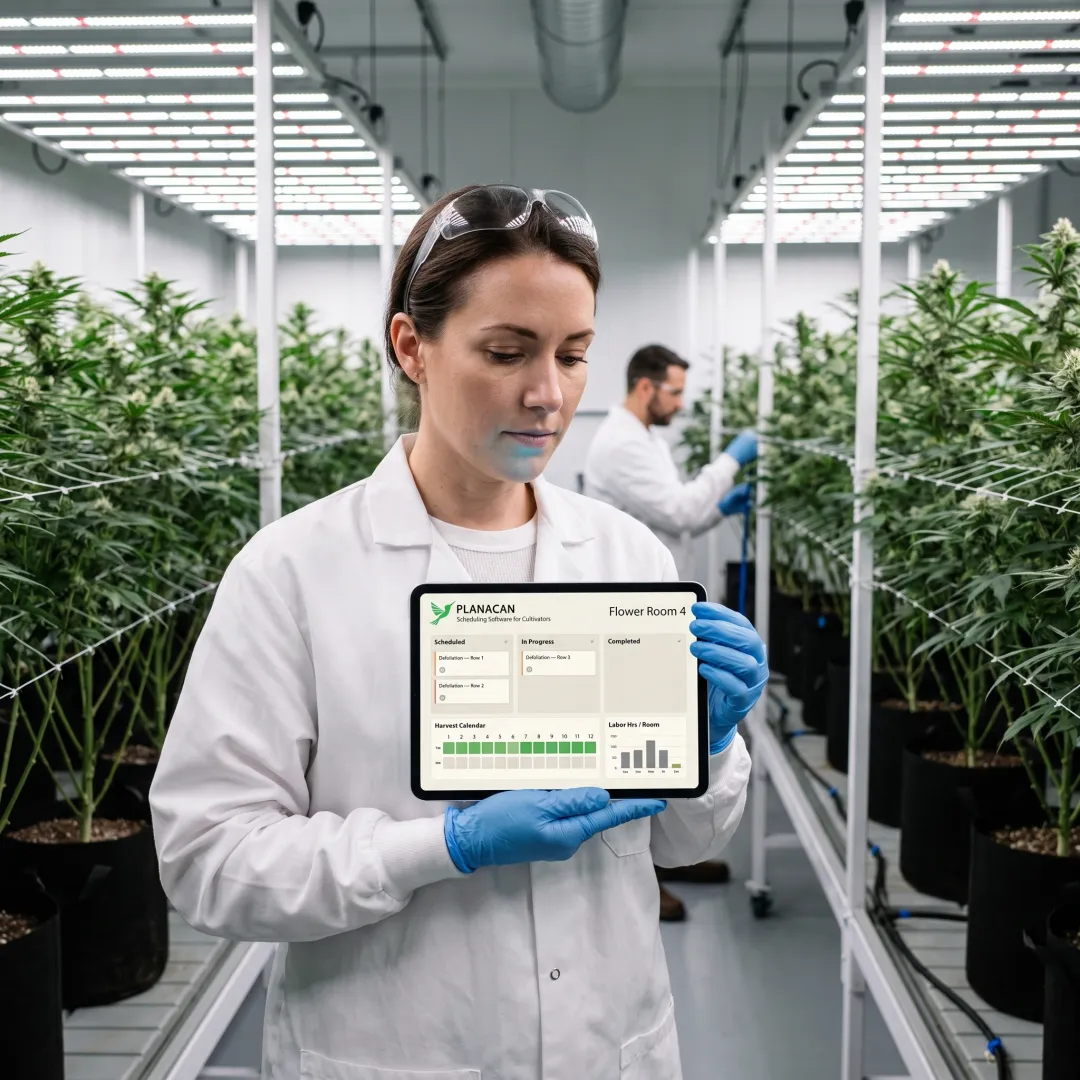 Cultivation manager reviewing cannabis grow operations dashboard