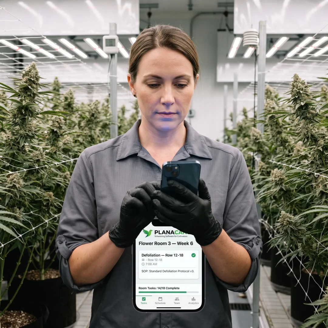 Cannabis cultivator completing a grow-room task on mobile