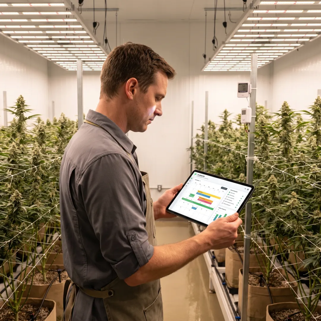 Cultivator using grow management software in a commercial cannabis facility