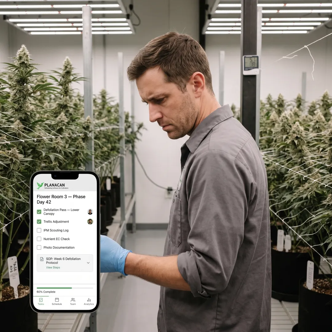Cultivator using mobile task tracking app in grow room