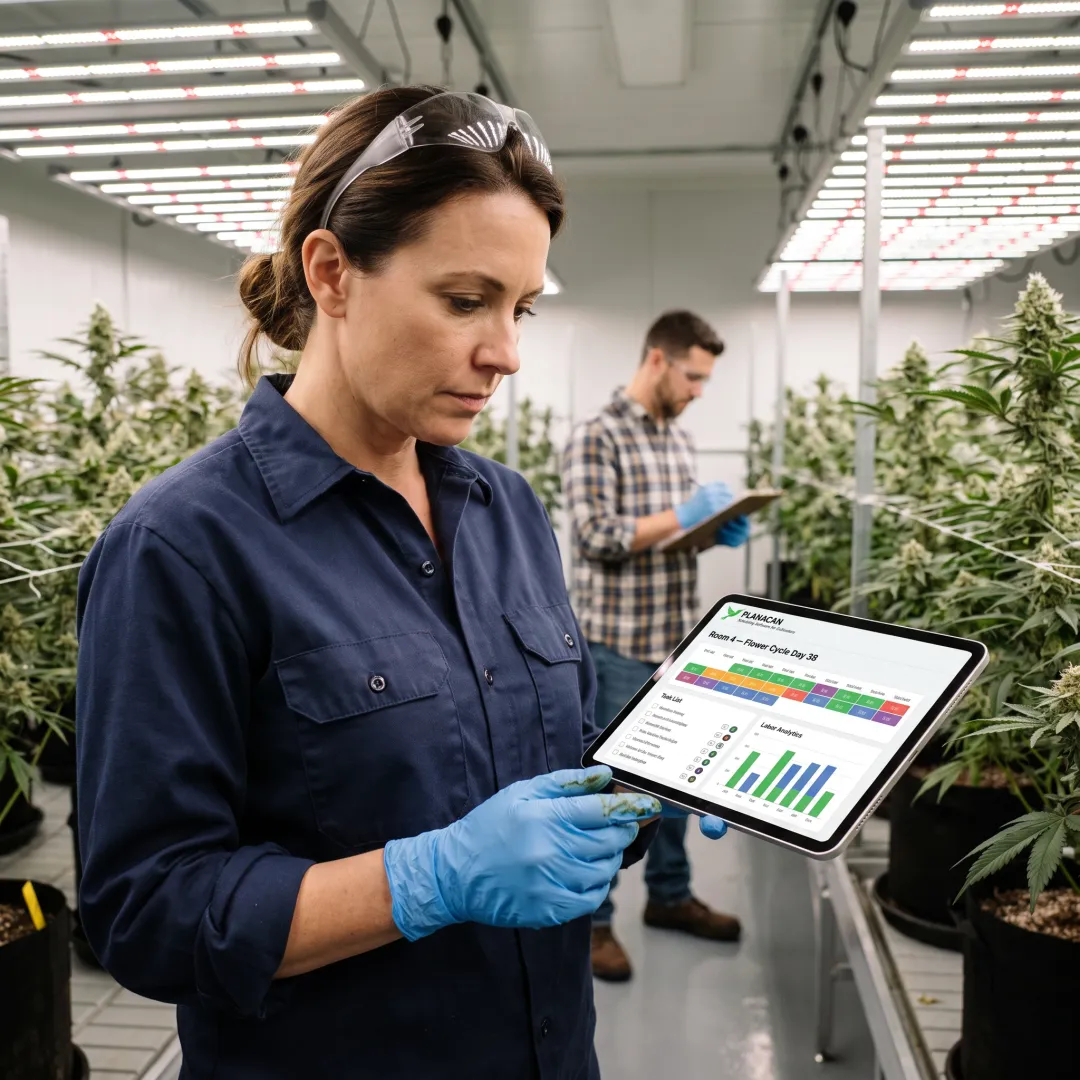Cultivation manager reviewing grow-room operations