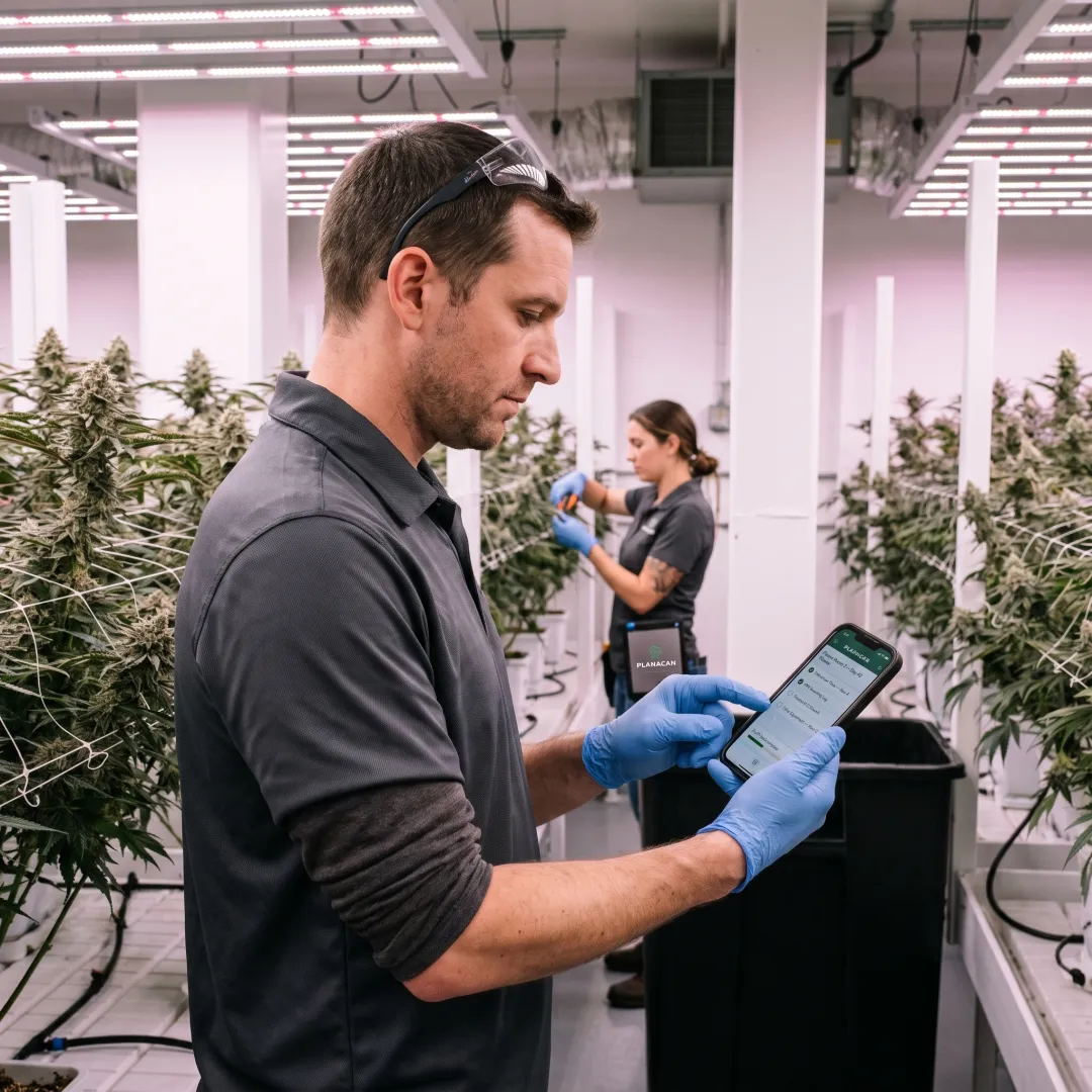 Cultivator using mobile task management app in grow room
