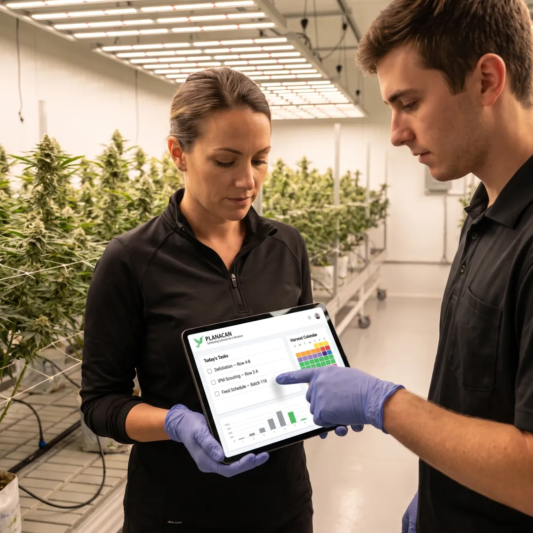 Cultivation team reviewing grow-room tasks on a tablet