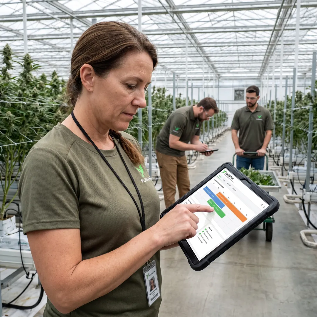 Cultivation manager reviewing greenhouse tasks on a tablet