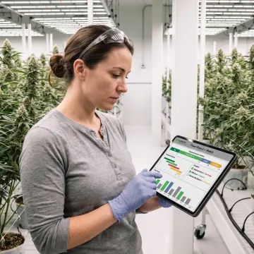 Cultivation manager reviewing digital grow operations dashboard