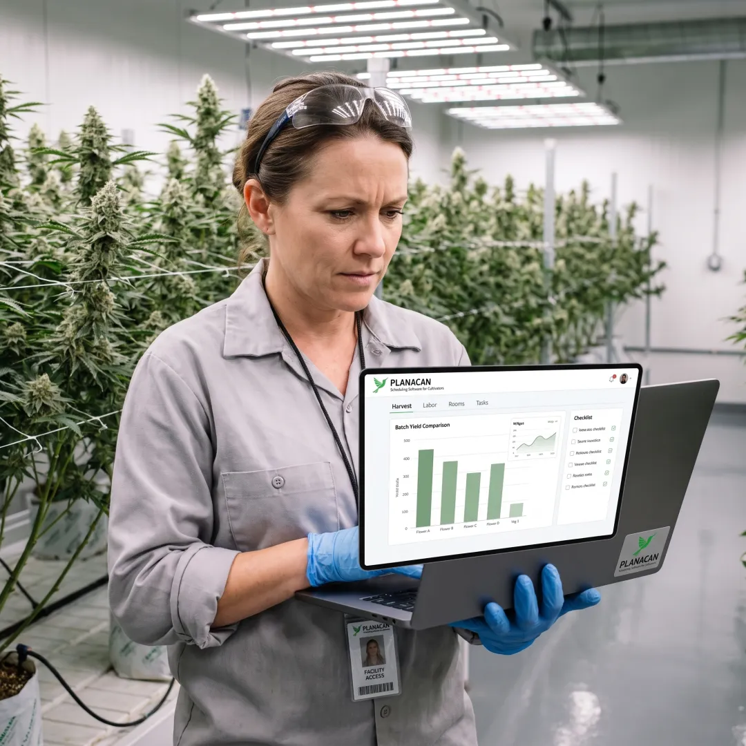 Cultivation manager reviewing cannabis batch performance data