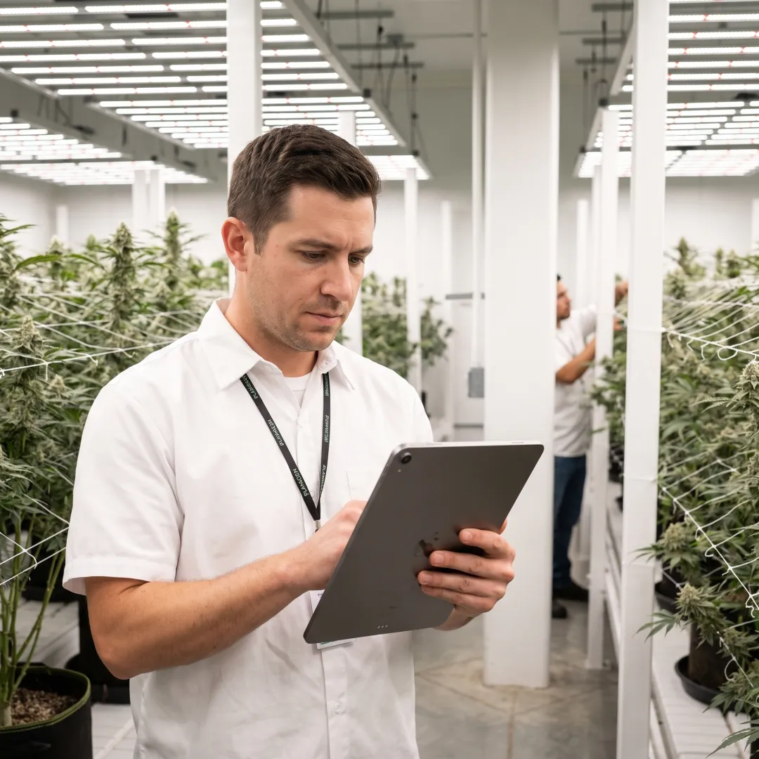 Commercial cannabis cultivator reviewing grow operations software