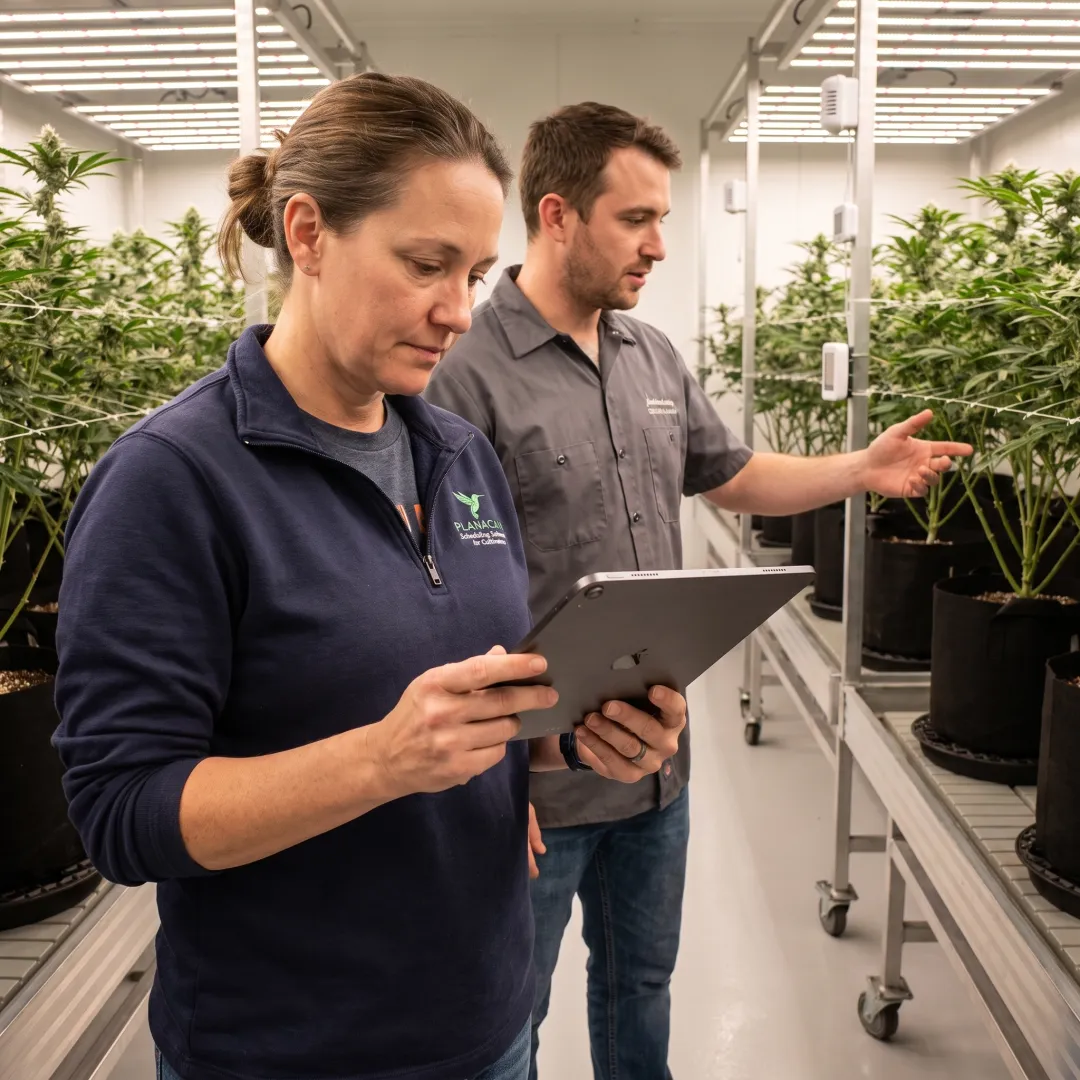 Cultivation manager reviewing grow operations software