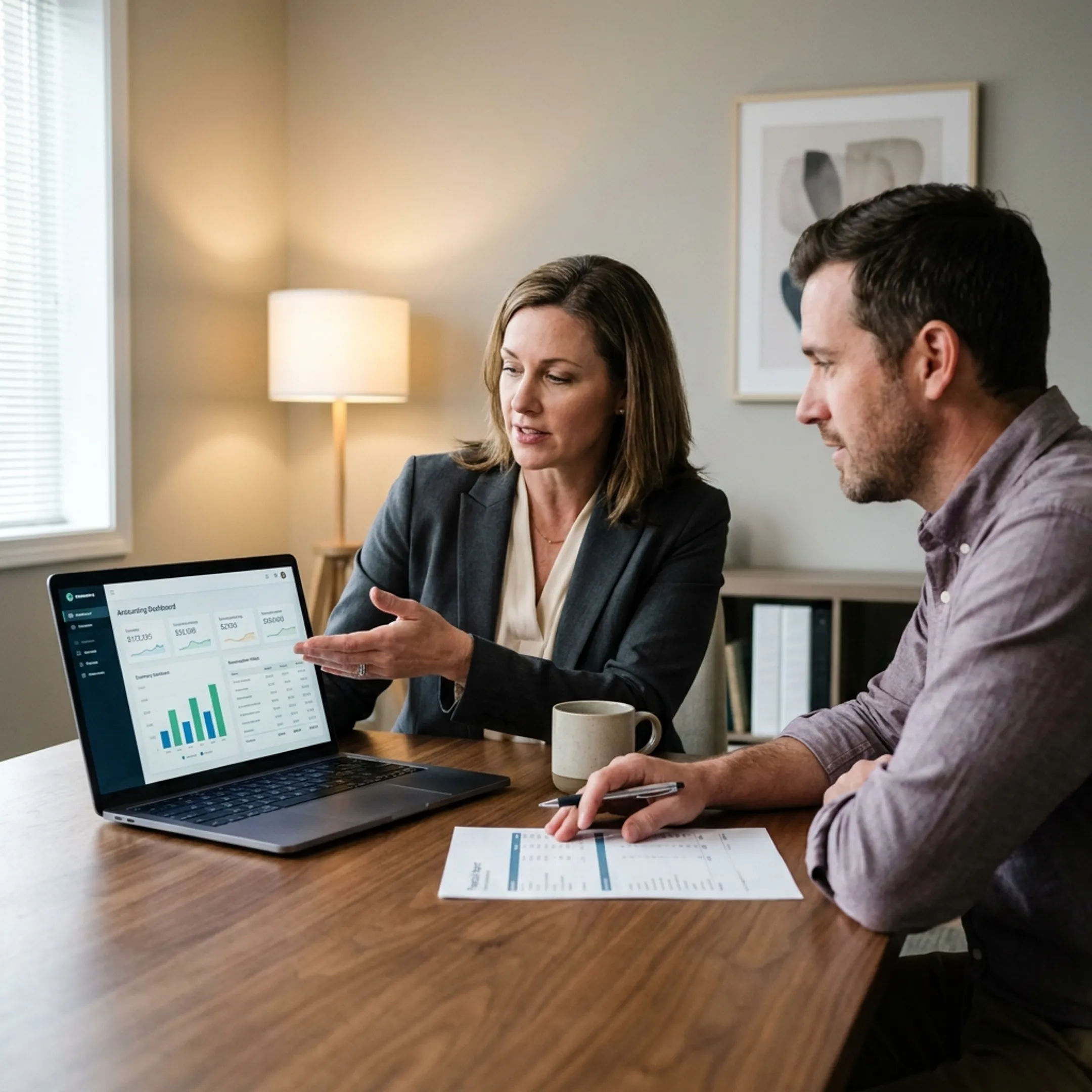 Consultant explaining QuickBooks financial reports to a business owner