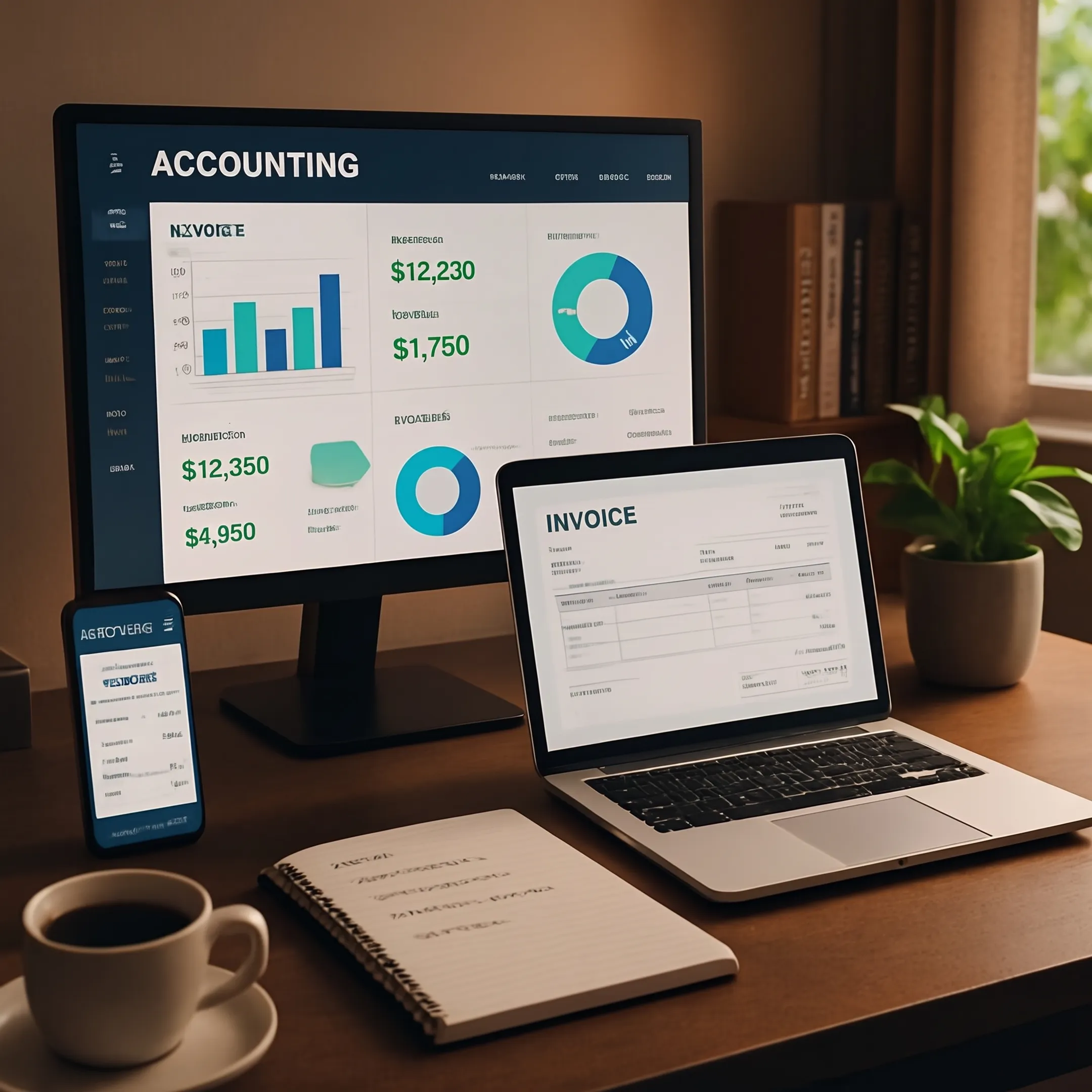 Detailed small business balance sheet and financial performance charts on desk