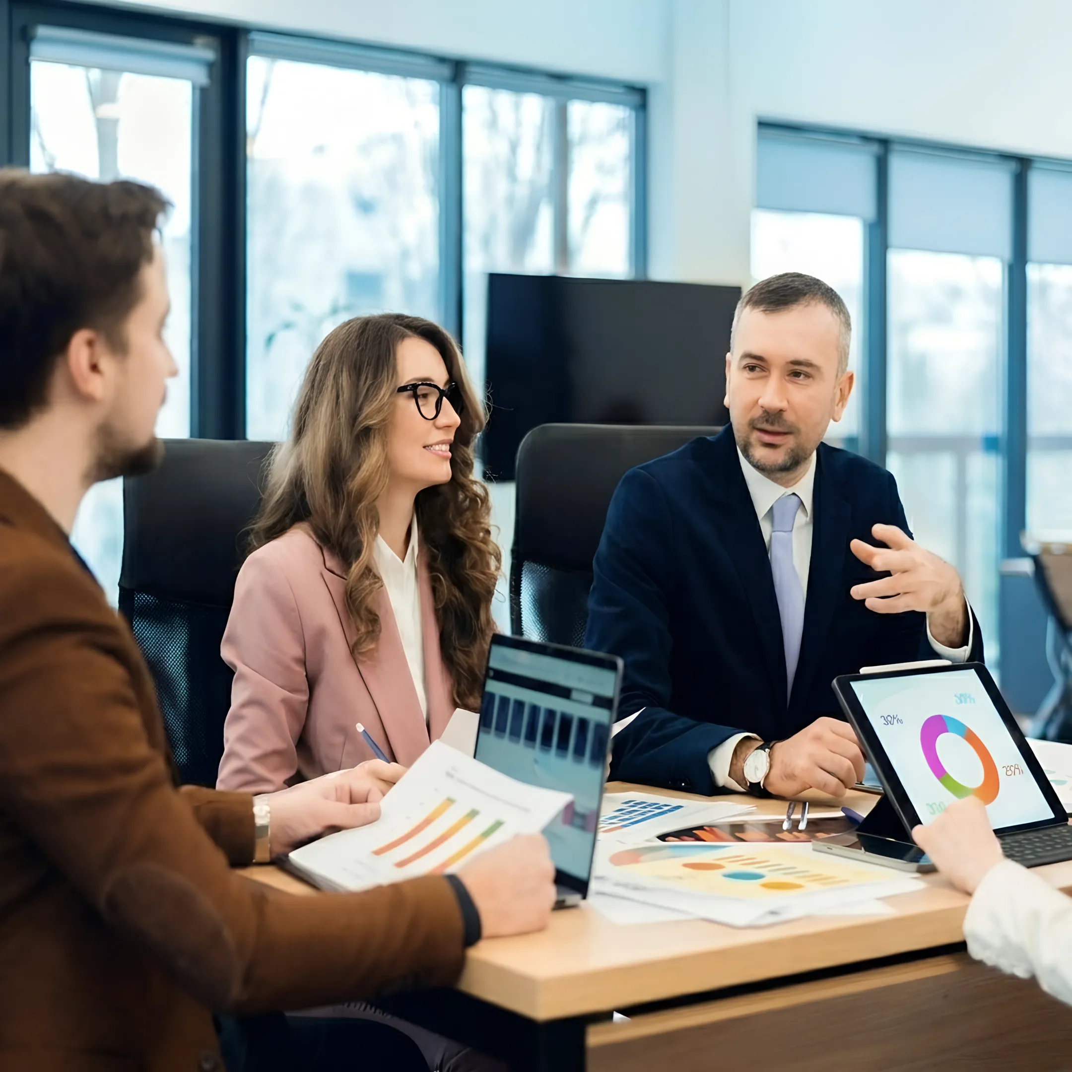 Controller analyzing financial performance with business owner