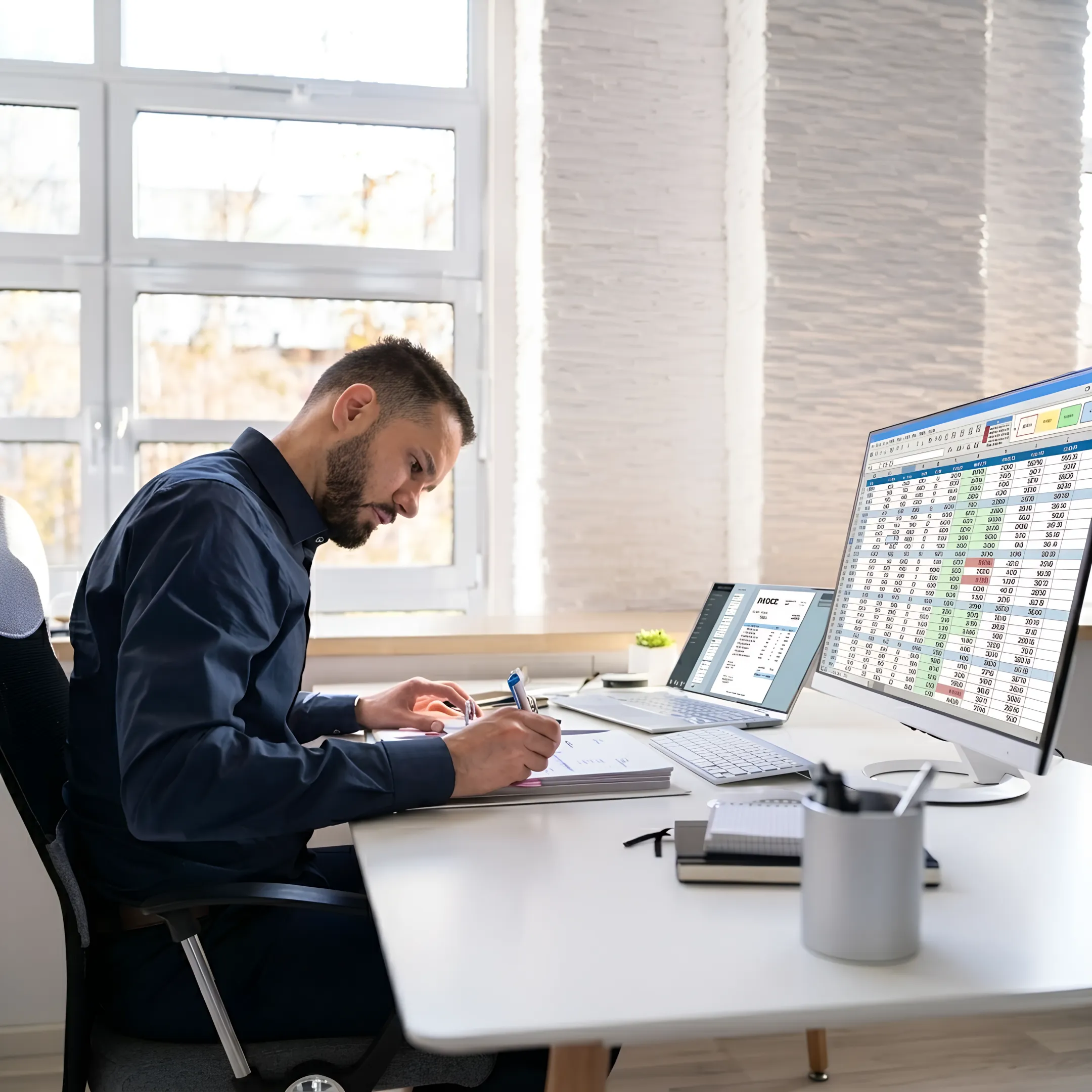 Advisor presenting business financial analysis on a laptop