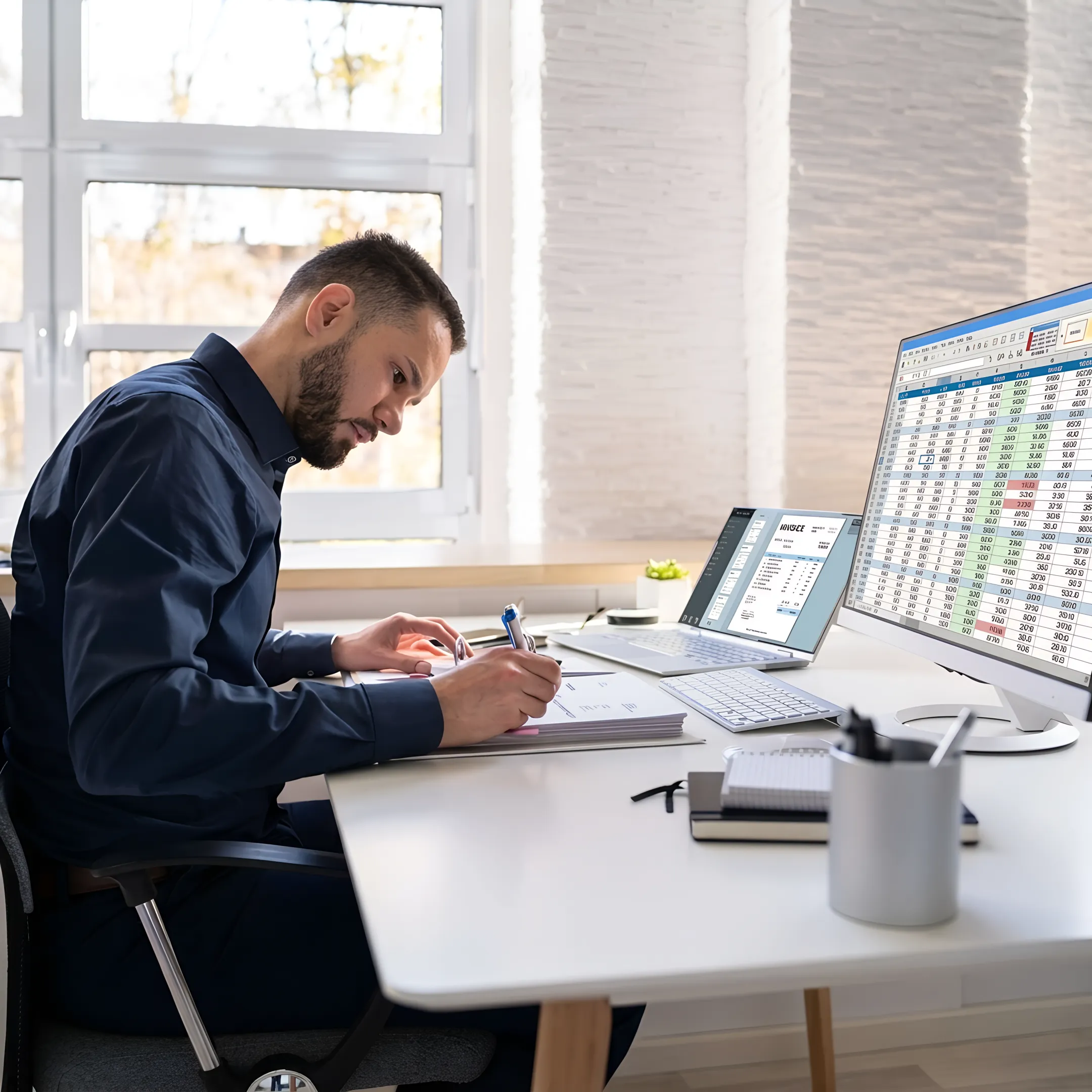 Bookkeeper analyzing accurate monthly financial reports