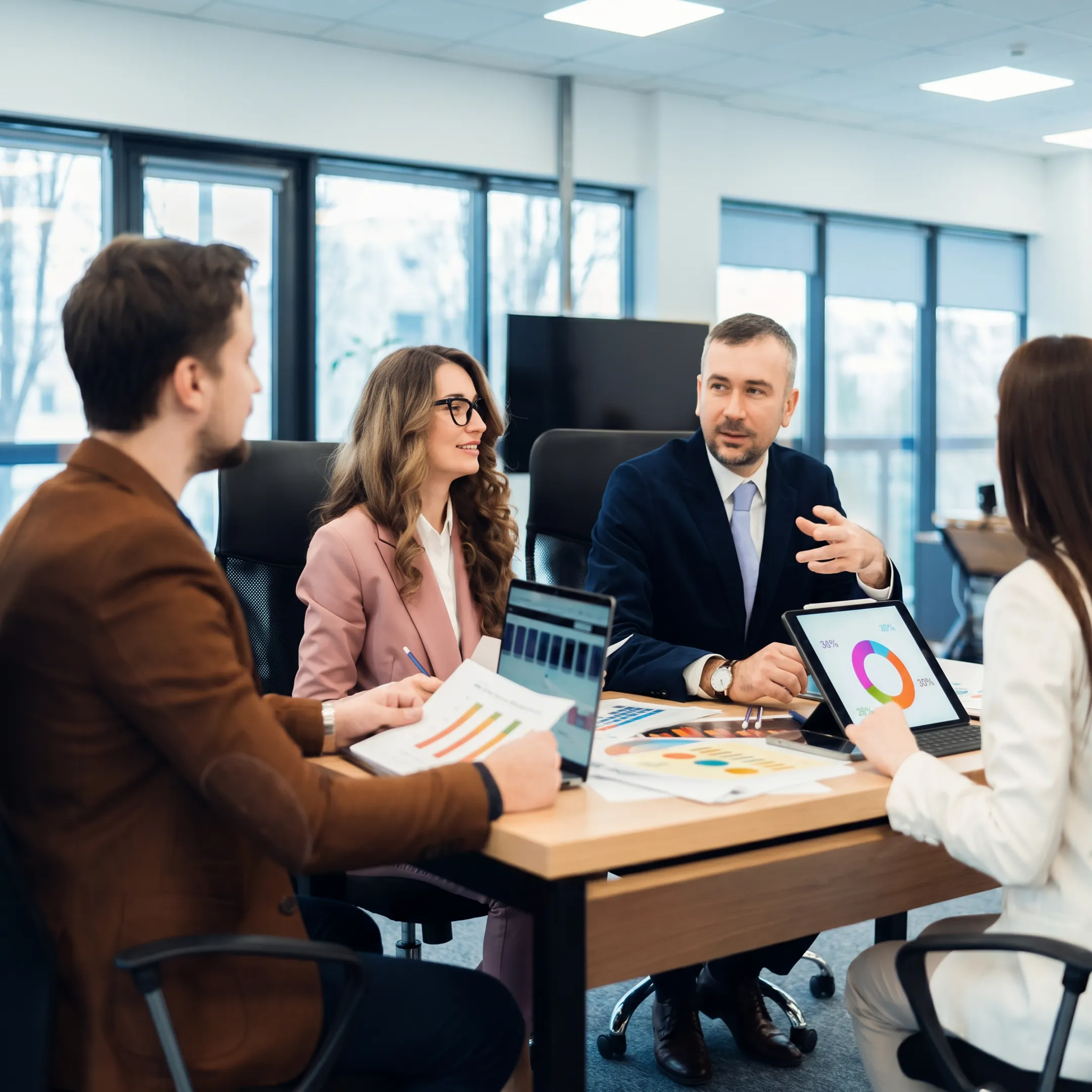 Financial advisor explaining improved accounting processes to business leaders