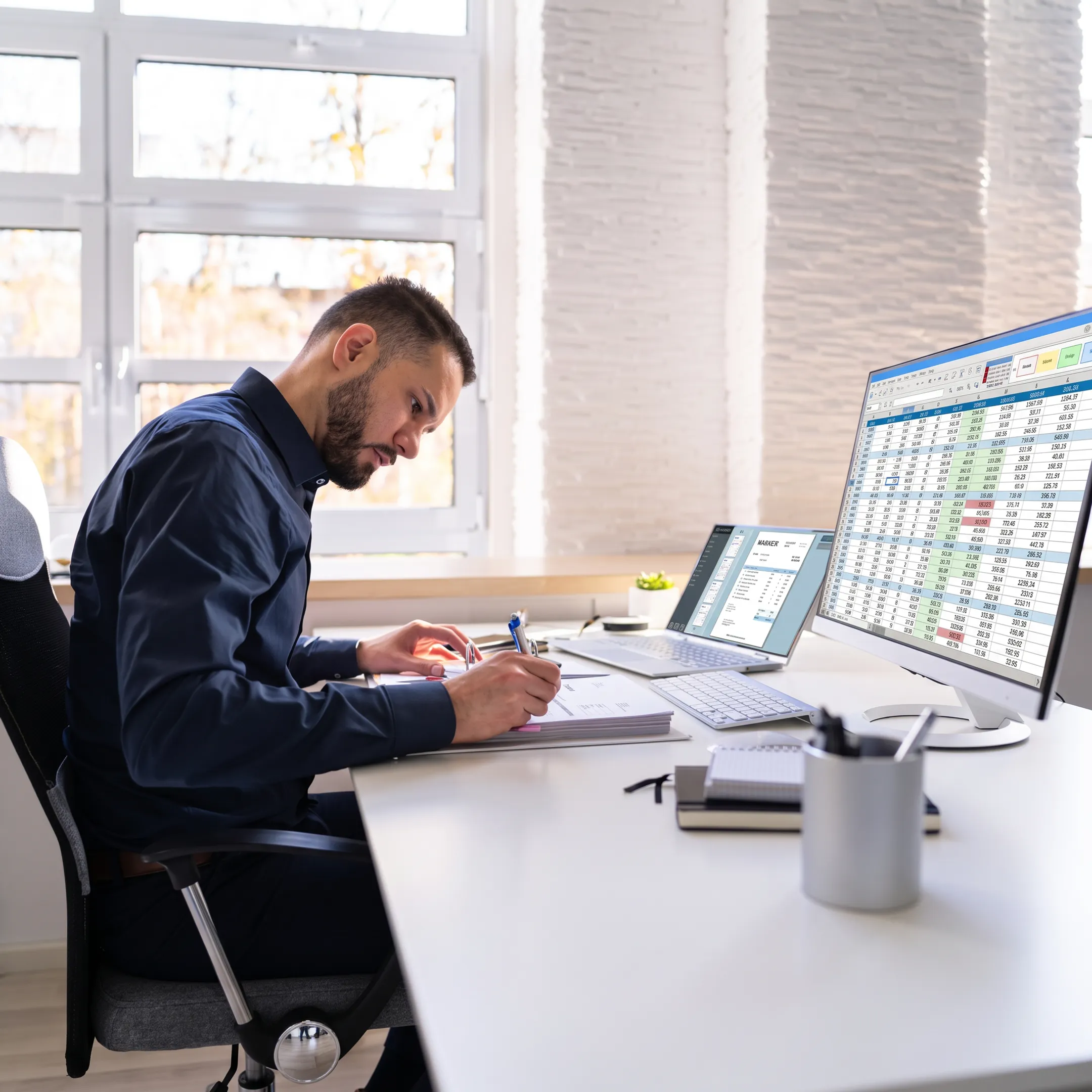Bookkeeper analyzing accurate financial reports and cash flow information