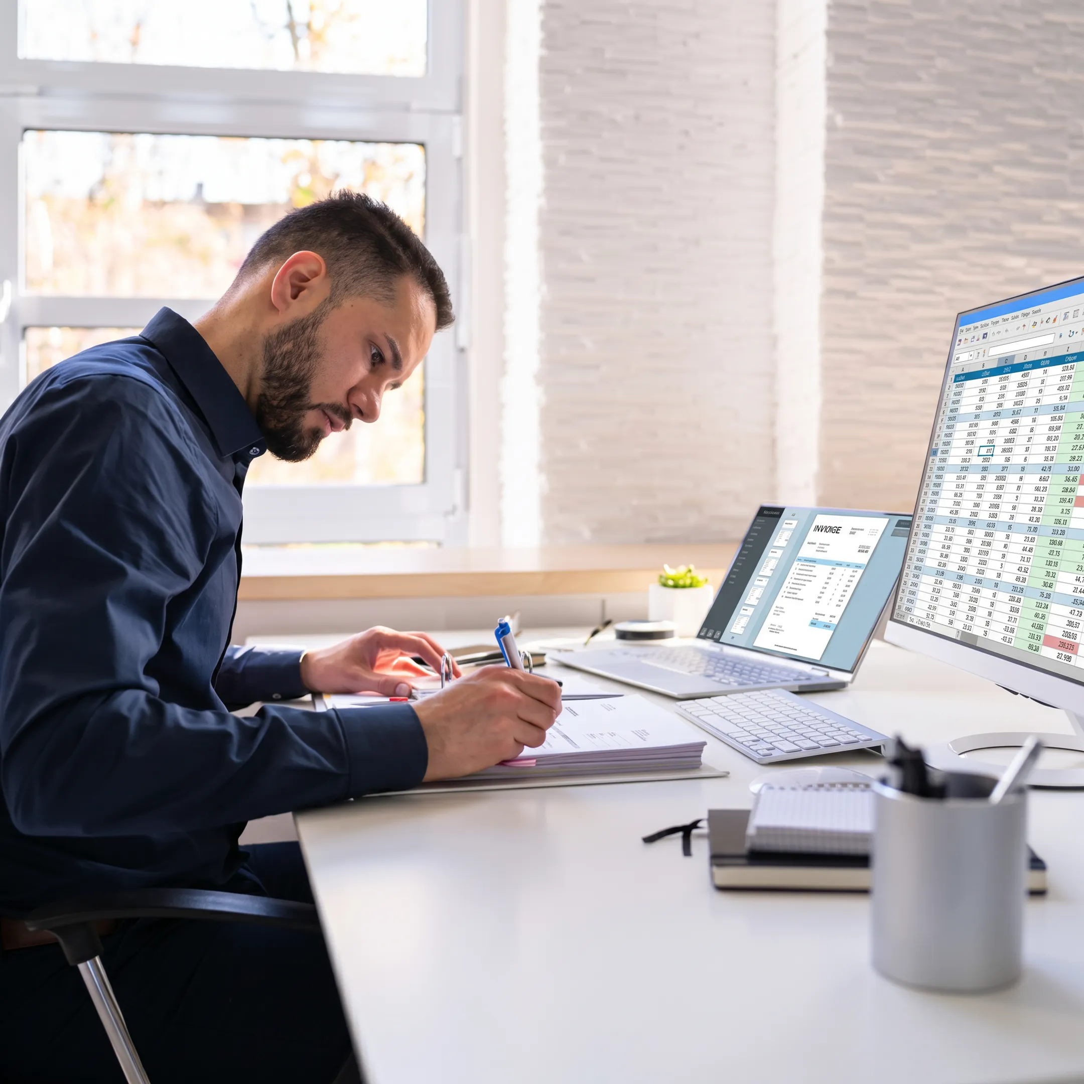Bookkeeper analyzing monthly financial statements and cash flow reports