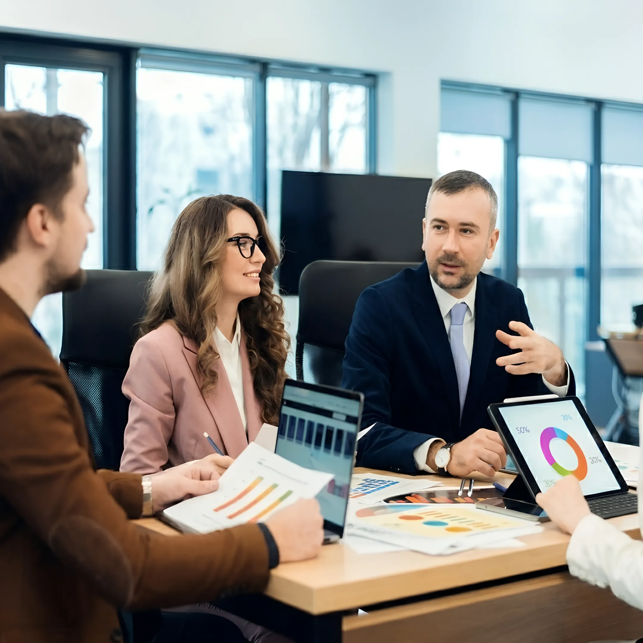 Financial advisor presenting organized business reports to a client