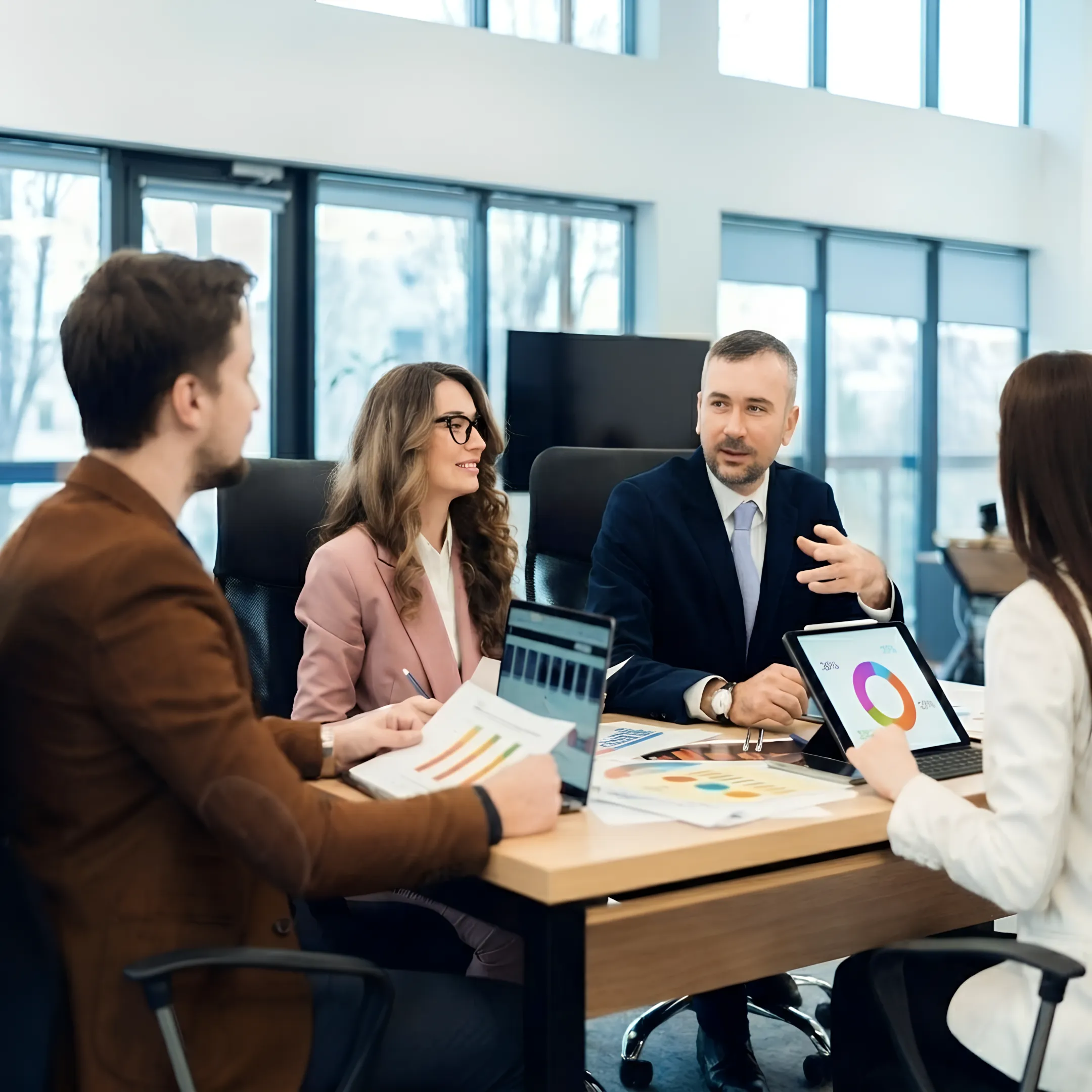 Financial advisor discussing business performance reports