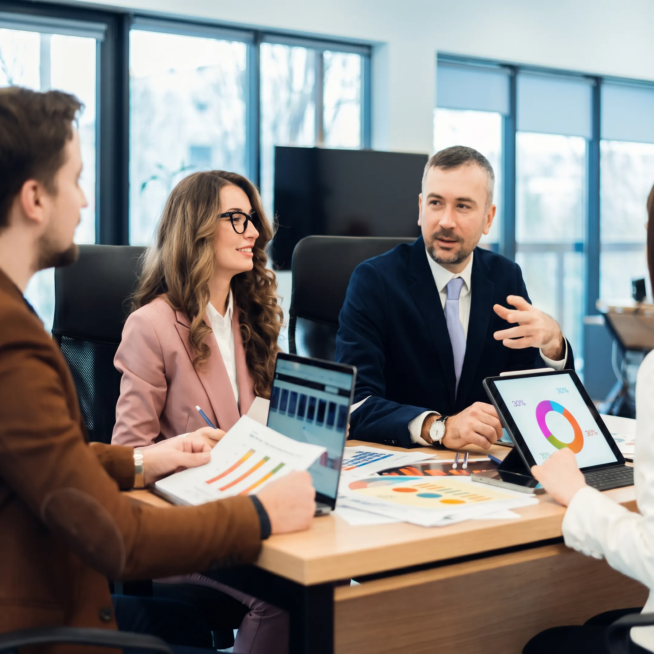 Financial advisor discussing business accounting reports
