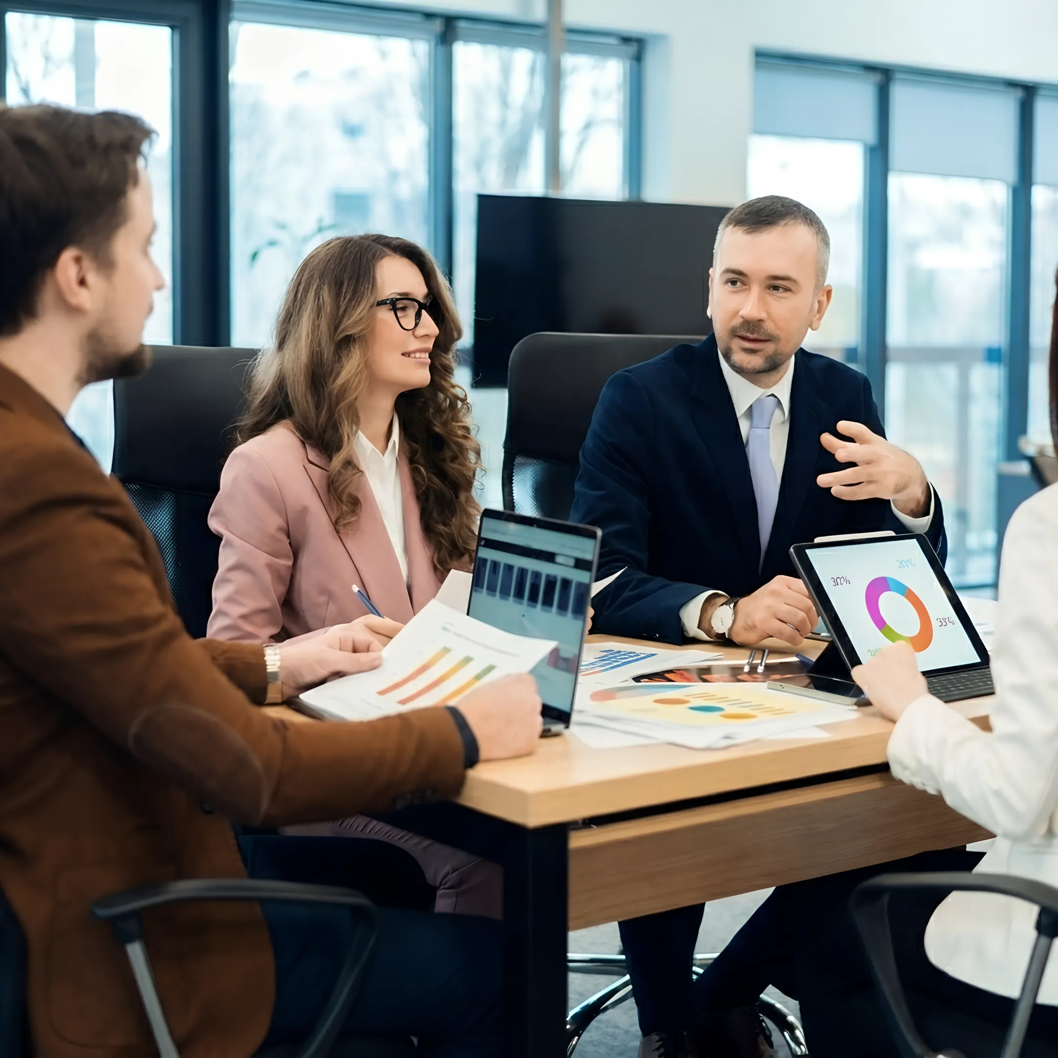 Financial advisor discussing business reports with a client