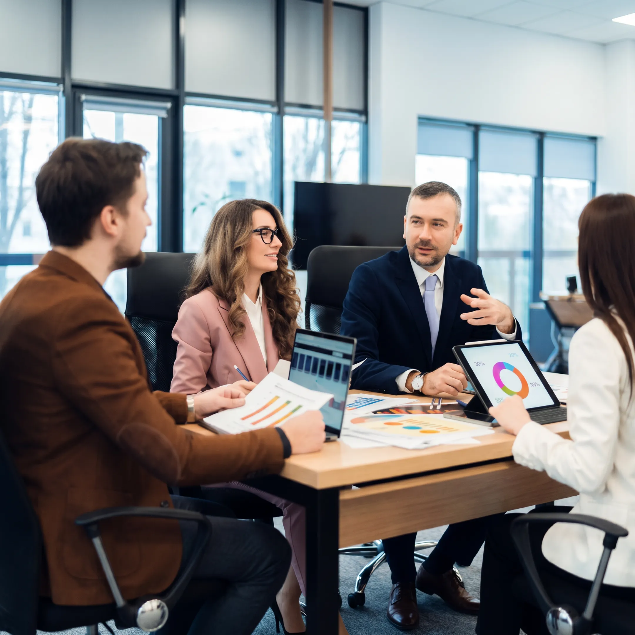 Financial advisor discussing business performance reports