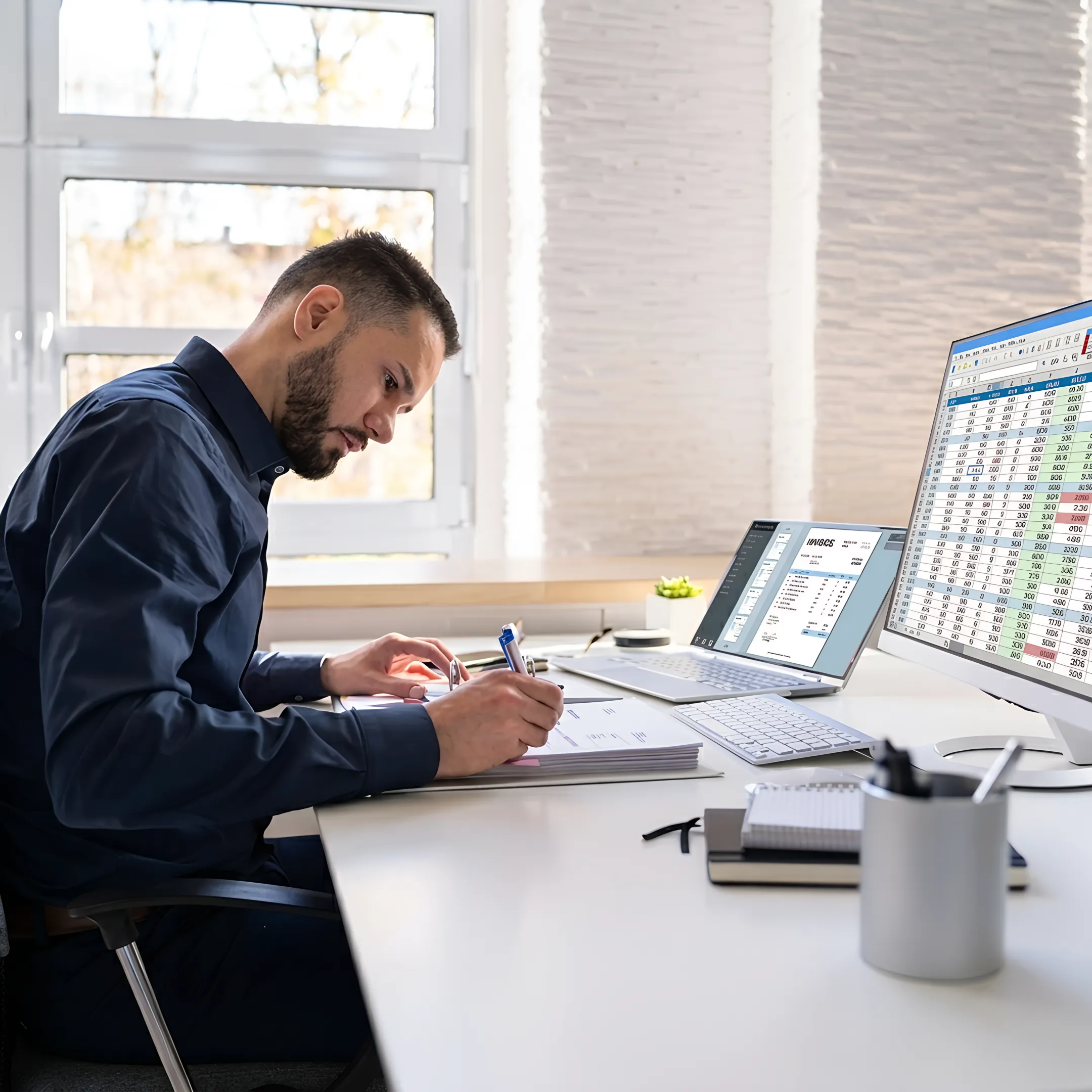 Accounting professional analyzing clear financial reports for a business
