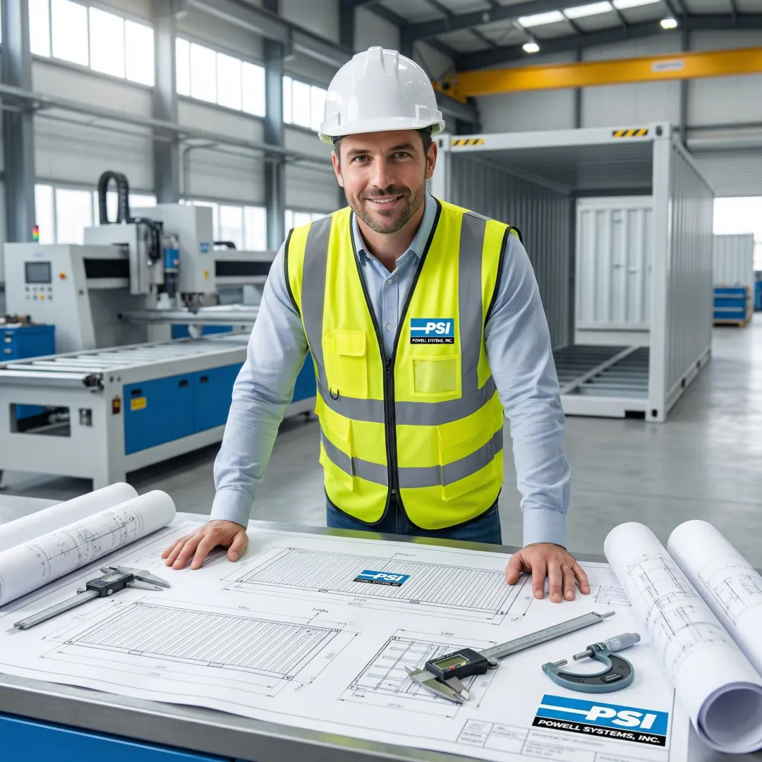Materials handling specialist reviewing custom equipment blueprints