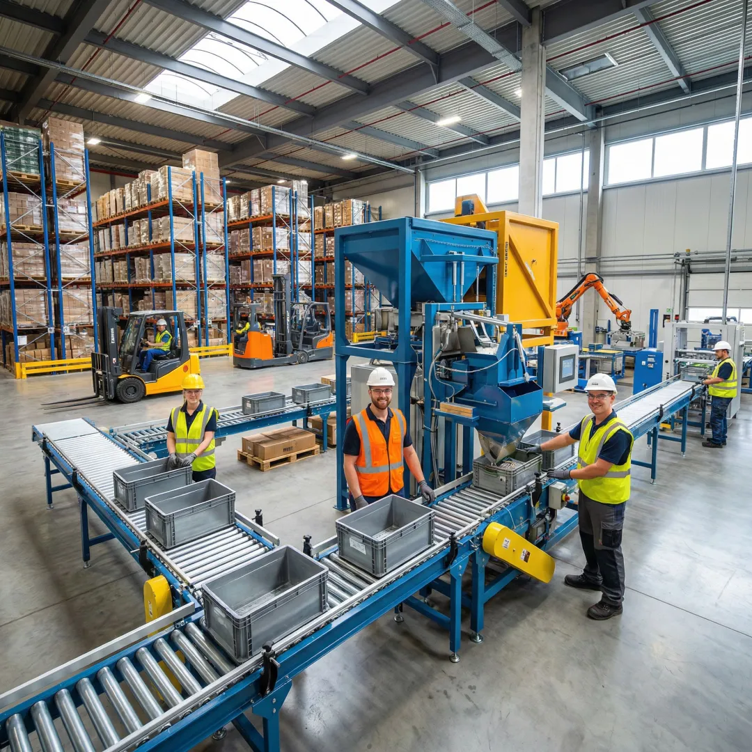 Industrial material handling equipment and steel containers in a manufacturing facility