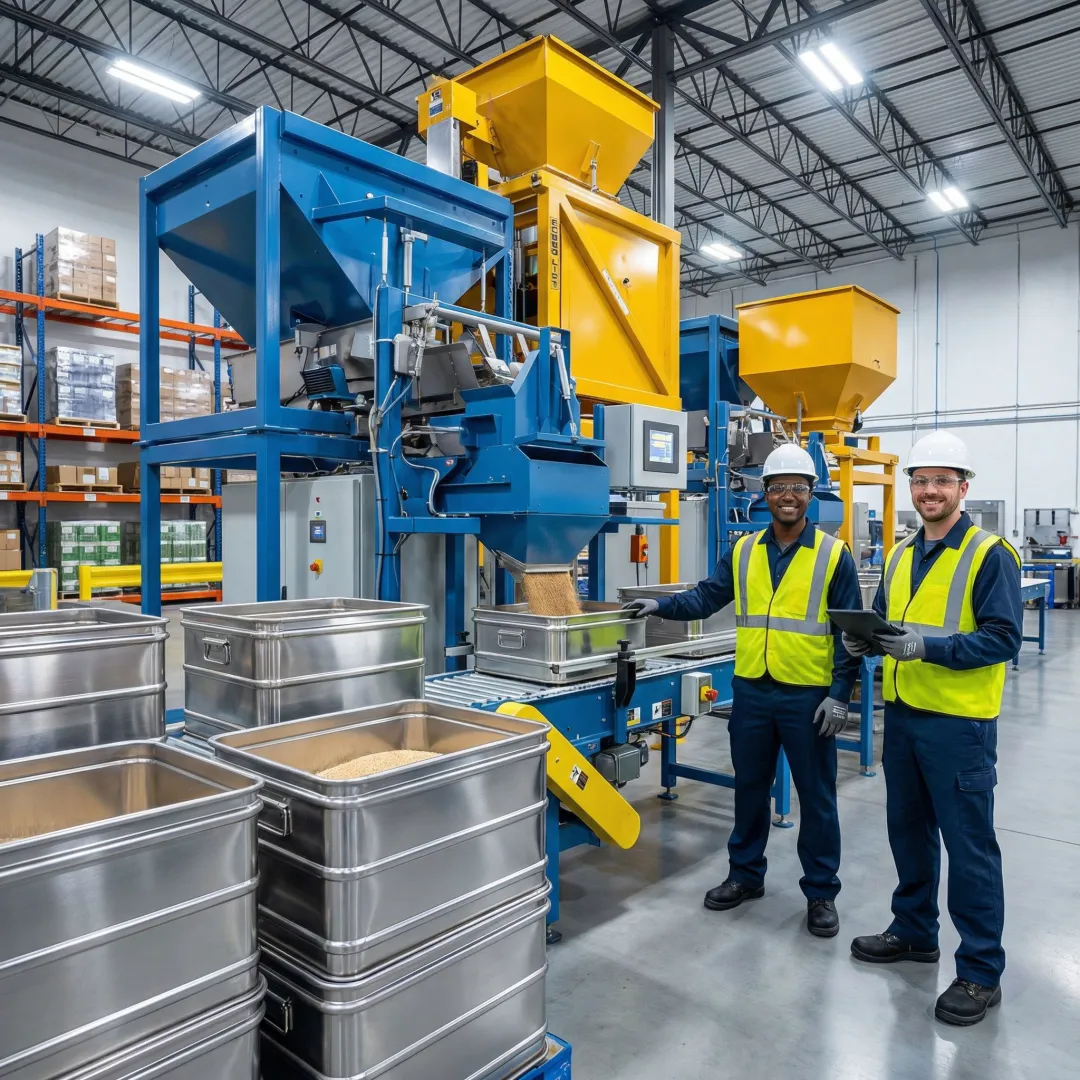 Custom steel containers and automated packaging equipment in industrial setting